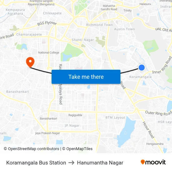 Koramangala Bus Station to Hanumantha Nagar map
