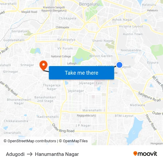 Adugodi to Hanumantha Nagar map