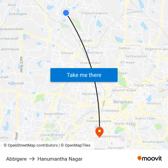 Abbigere to Hanumantha Nagar map