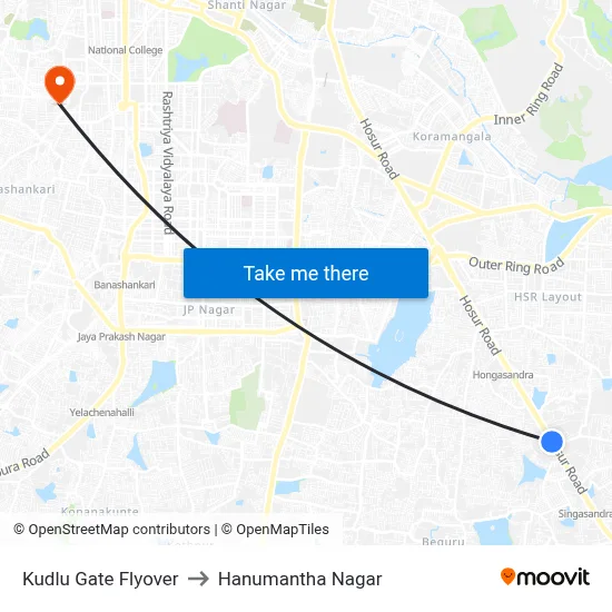 Kudlu Gate Flyover to Hanumantha Nagar map