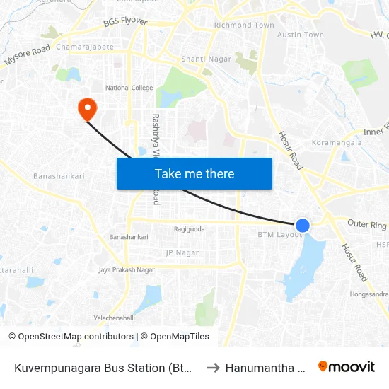 Kuvempunagara Bus Station (Btm Layout) to Hanumantha Nagar map