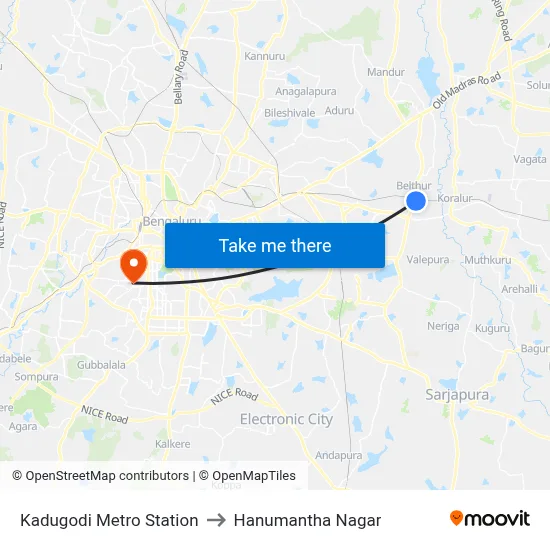Kadugodi Metro Station to Hanumantha Nagar map