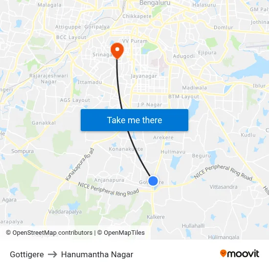 Gottigere to Hanumantha Nagar map