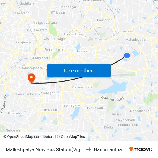 Malleshpalya New Bus Station(Vignananagar) to Hanumantha Nagar map