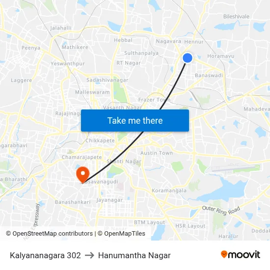 Kalyananagara 302 to Hanumantha Nagar map