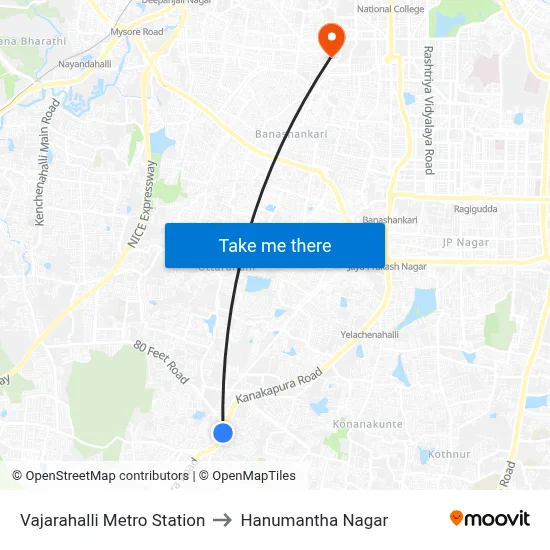 Vajarahalli Metro Station to Hanumantha Nagar map