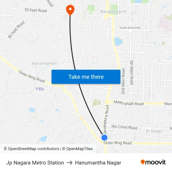 Jp Nagara Metro Station to Hanumantha Nagar map