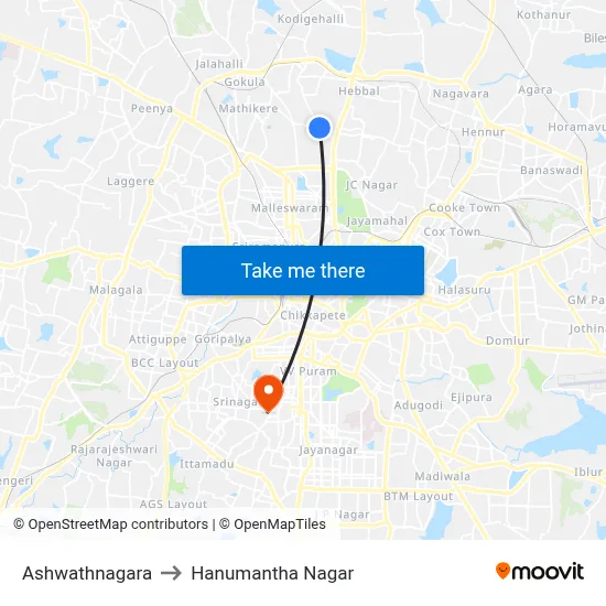 Ashwathnagara to Hanumantha Nagar map