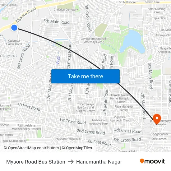 Mysore Road Bus Station to Hanumantha Nagar map