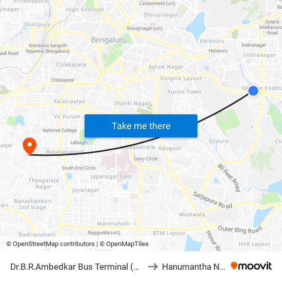 Dr.B.R.Ambedkar Bus Terminal (Domlur) to Hanumantha Nagar map