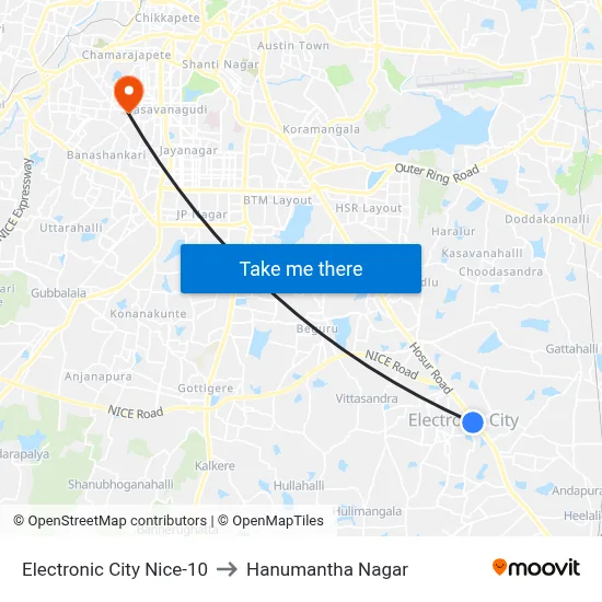 Electronic City Nice-10 to Hanumantha Nagar map