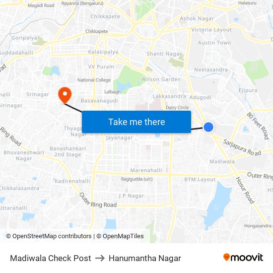 Madiwala Check Post to Hanumantha Nagar map