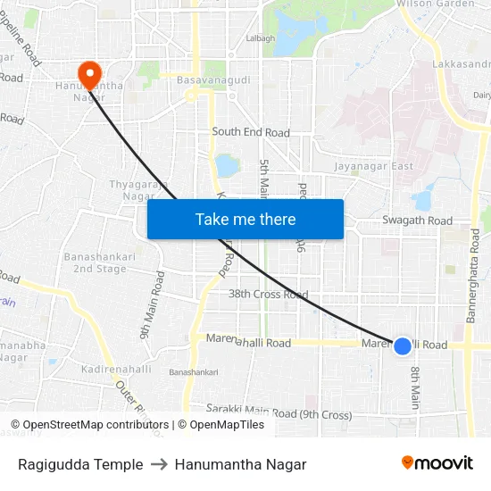 Ragigudda Temple to Hanumantha Nagar map