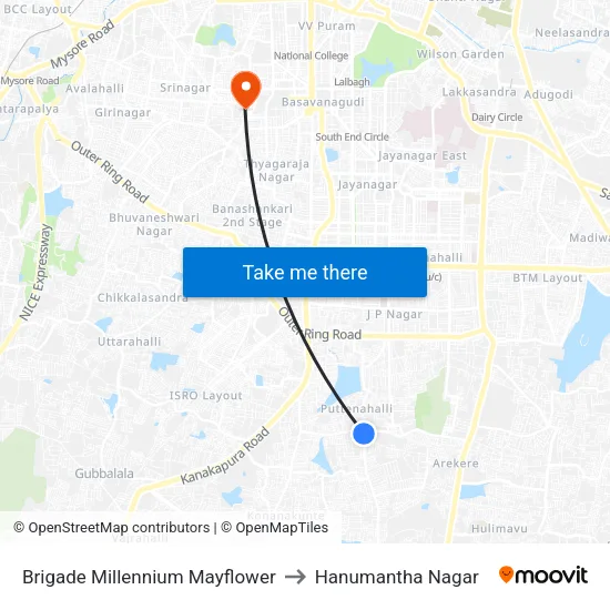 Brigade Millennium Mayflower to Hanumantha Nagar map