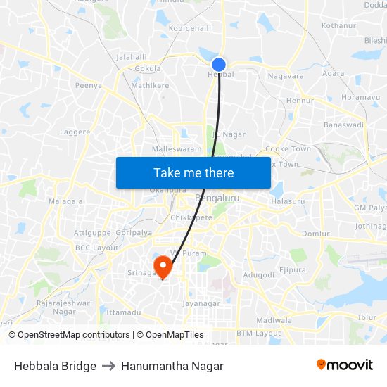 Hebbala Bridge to Hanumantha Nagar map