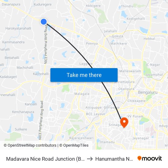 Madavara Nice Road Junction (B.I.E.C) to Hanumantha Nagar map