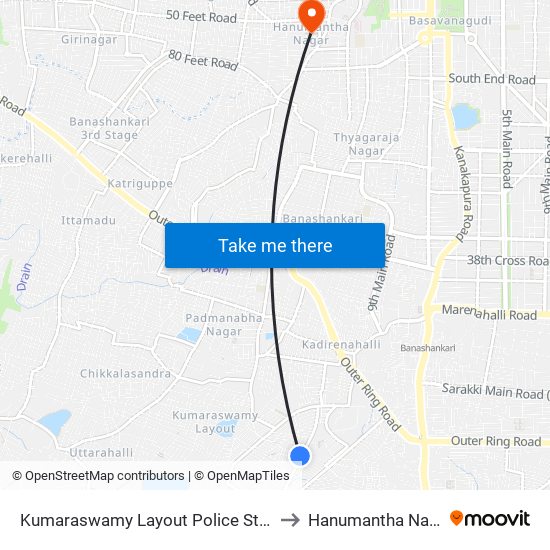 Kumaraswamy Layout Police Station to Hanumantha Nagar map