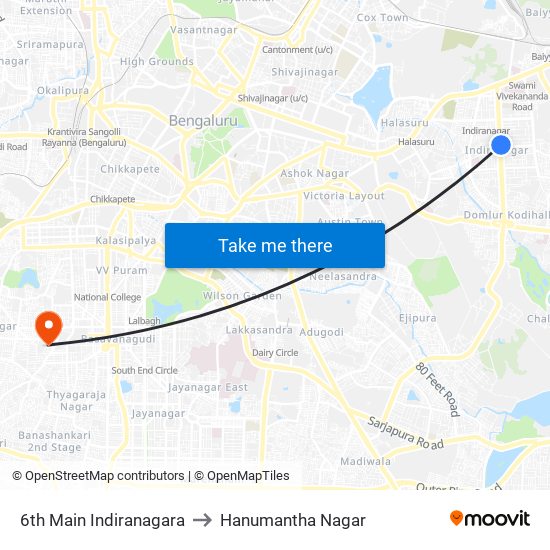 6th Main Indiranagara to Hanumantha Nagar map