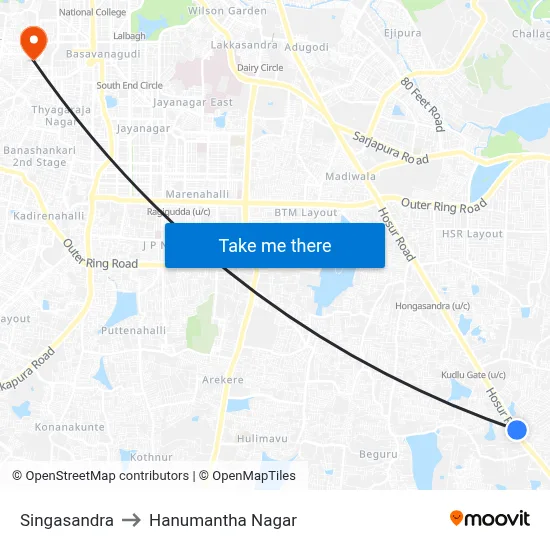 Singasandra to Hanumantha Nagar map
