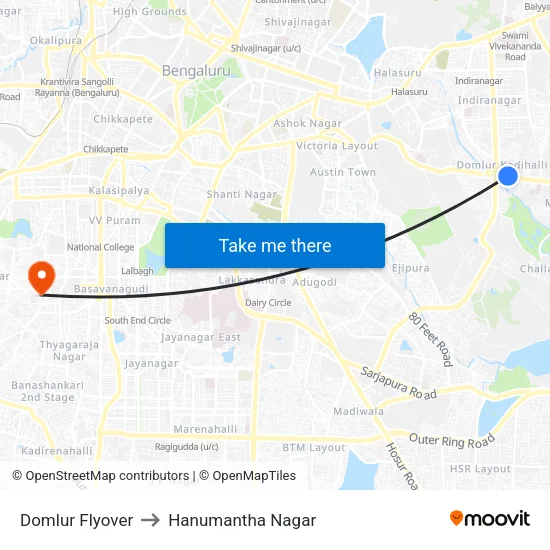 Domlur Flyover to Hanumantha Nagar map