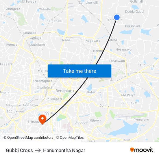Gubbi Cross to Hanumantha Nagar map