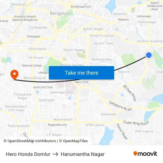 Hero Honda Domlur to Hanumantha Nagar map