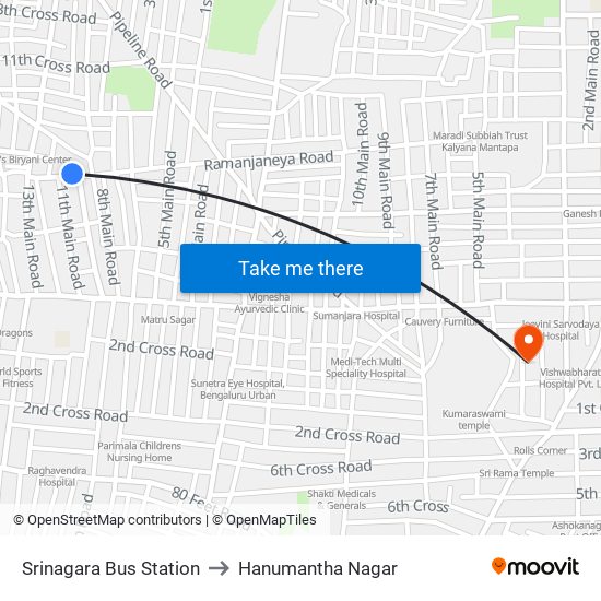 Srinagara Bus Station to Hanumantha Nagar map