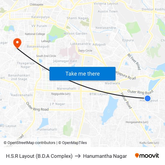 H.S.R Layout (B.D.A Complex) to Hanumantha Nagar map