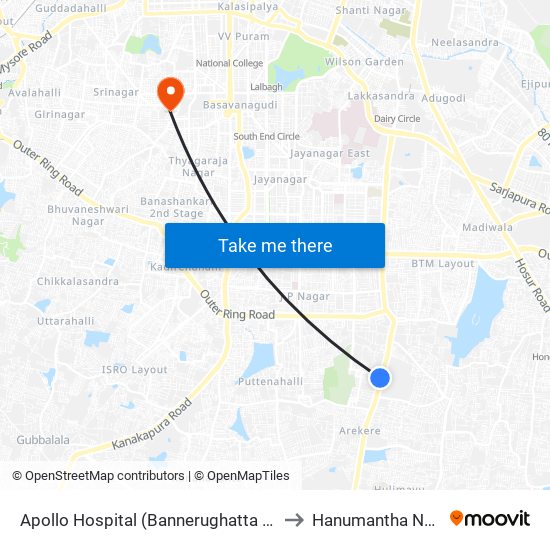 Apollo Hospital (Bannerughatta Road) to Hanumantha Nagar map