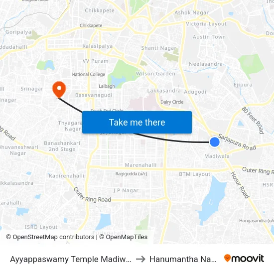 Ayyappaswamy Temple Madiwala to Hanumantha Nagar map