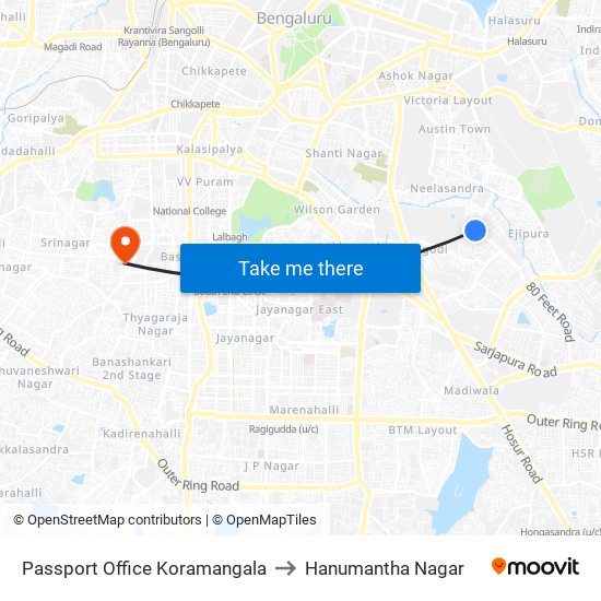 Passport Office Koramangala to Hanumantha Nagar map