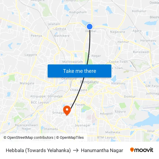 Hebbala (Towards Yelahanka) to Hanumantha Nagar map