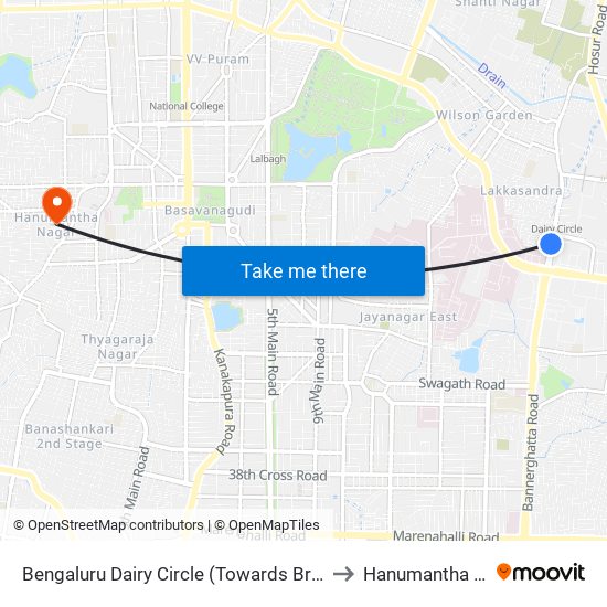 Bengaluru Dairy Circle (Towards Brigade Road) to Hanumantha Nagar map