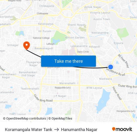 Koramangala Water Tank to Hanumantha Nagar map