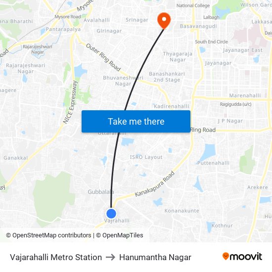 Vajarahalli Metro Station to Hanumantha Nagar map