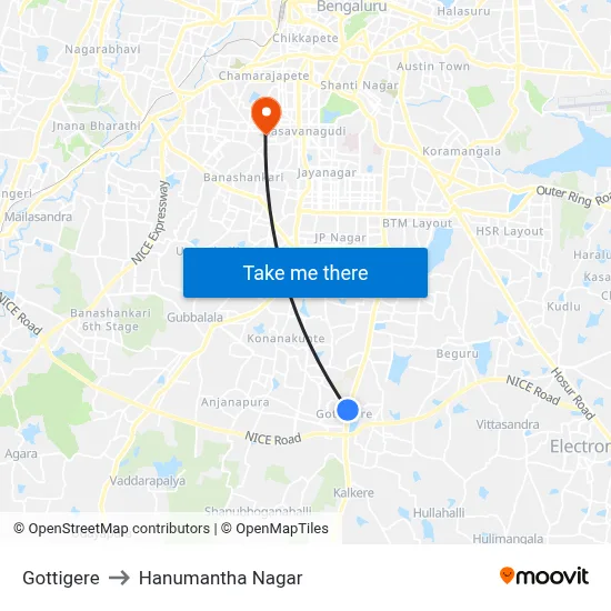 Gottigere to Hanumantha Nagar map
