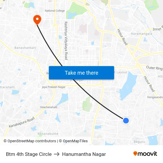 Btm 4th Stage Circle to Hanumantha Nagar map