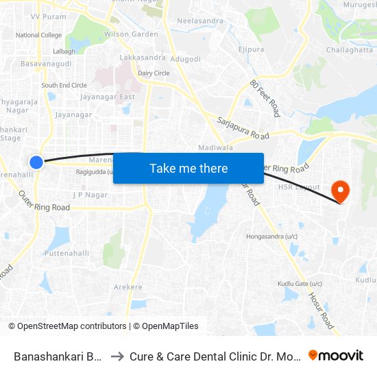 Banashankari Bus Station to Cure & Care Dental Clinic Dr. Moumita Mukherjee map