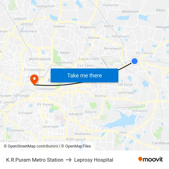 K.R.Puram Metro Station to Leprosy Hospital map