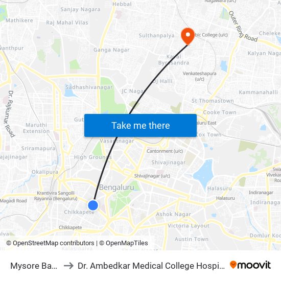 Mysore Bank to Dr. Ambedkar Medical College Hospital map