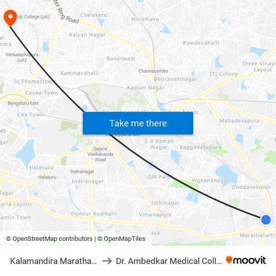 Kalamandira  Marathahalli Bridge to Dr. Ambedkar Medical College Hospital map