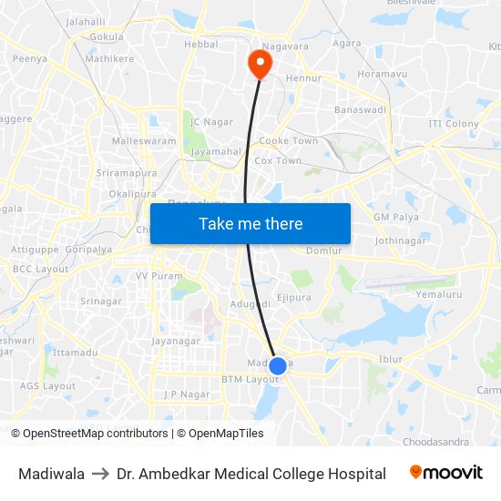 Madiwala to Dr. Ambedkar Medical College Hospital map