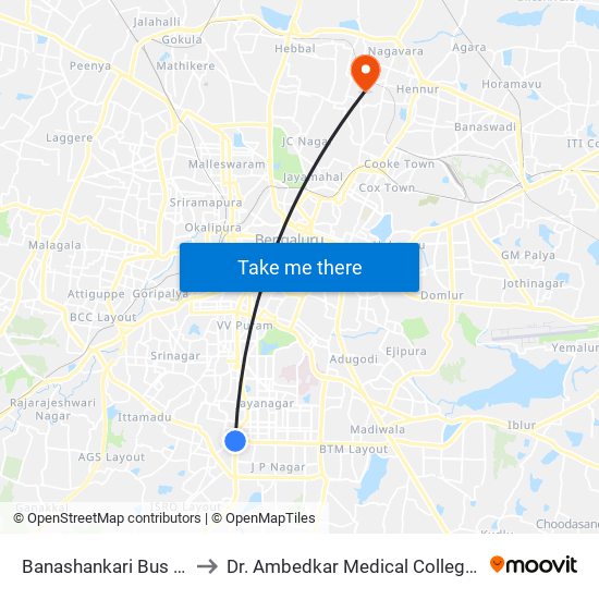 Banashankari Bus Station to Dr. Ambedkar Medical College Hospital map