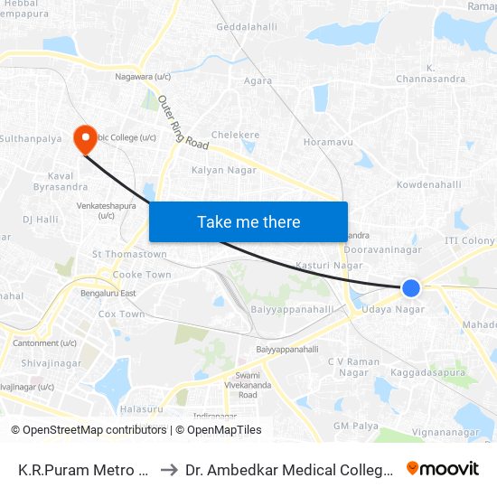 K.R.Puram Metro Station to Dr. Ambedkar Medical College Hospital map