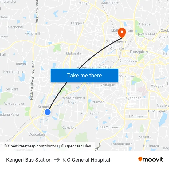Kengeri Bus Station to K C General Hospital map