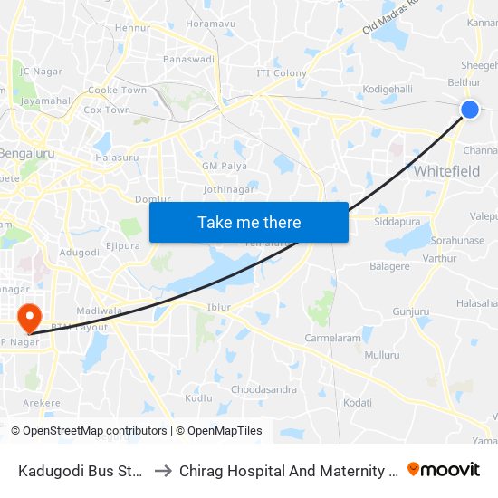 Kadugodi Bus Station to Chirag Hospital And Maternity Center map