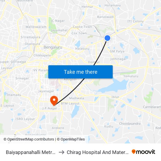 Baiyappanahalli Metro Station to Chirag Hospital And Maternity Center map