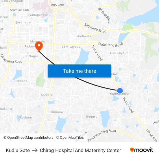 Kudlu Gate to Chirag Hospital And Maternity Center map