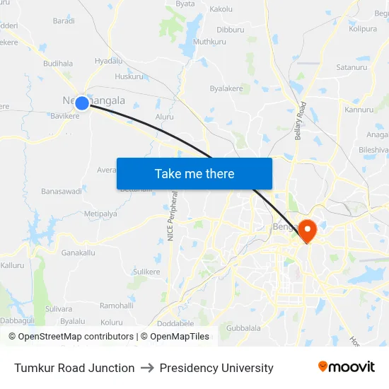 Tumkur Road Junction to Presidency University map