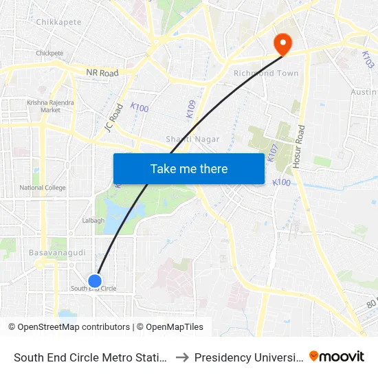 साउथ एंड सर्कल मेट्रो स्टेशन to प्रेसिडेंसी यूनिवर्सिटी map